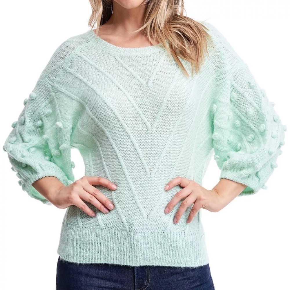 Fever Chevron-Striped Popcorn-Textured Wool Blend Green Sweater Women's Small